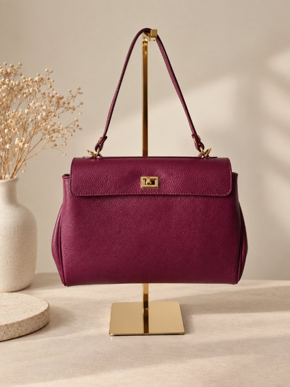 Burgundy Italian Leather Shoulder Bag, Structured Pebbled Leather Handbag